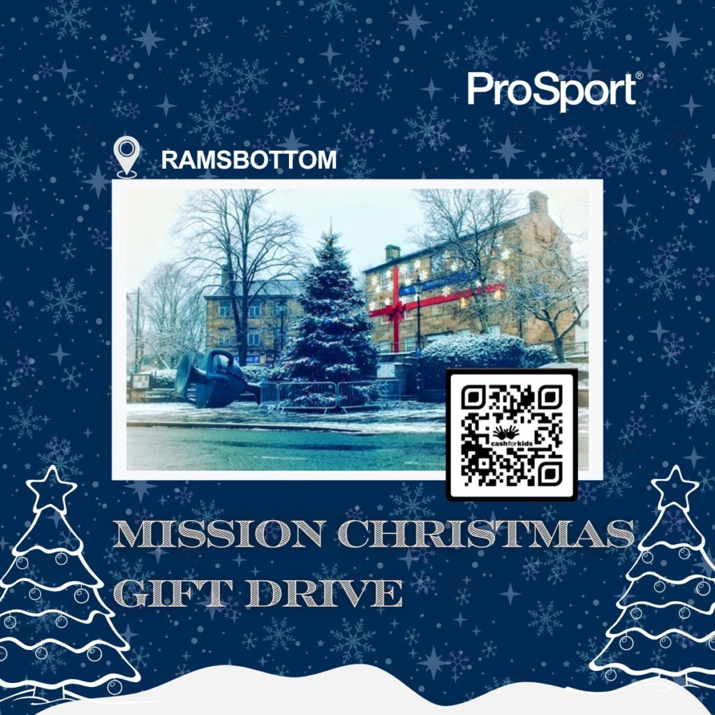 Photo of the Ramsbottom office (mission christmas drop off point) against a blue background with stars. Christmas trees are in the front of image with the words, 'Mission Christmas gift drive'