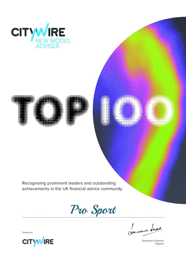 Citywire new model adviser top 100 certificate addressed to 'Pro Sport.'